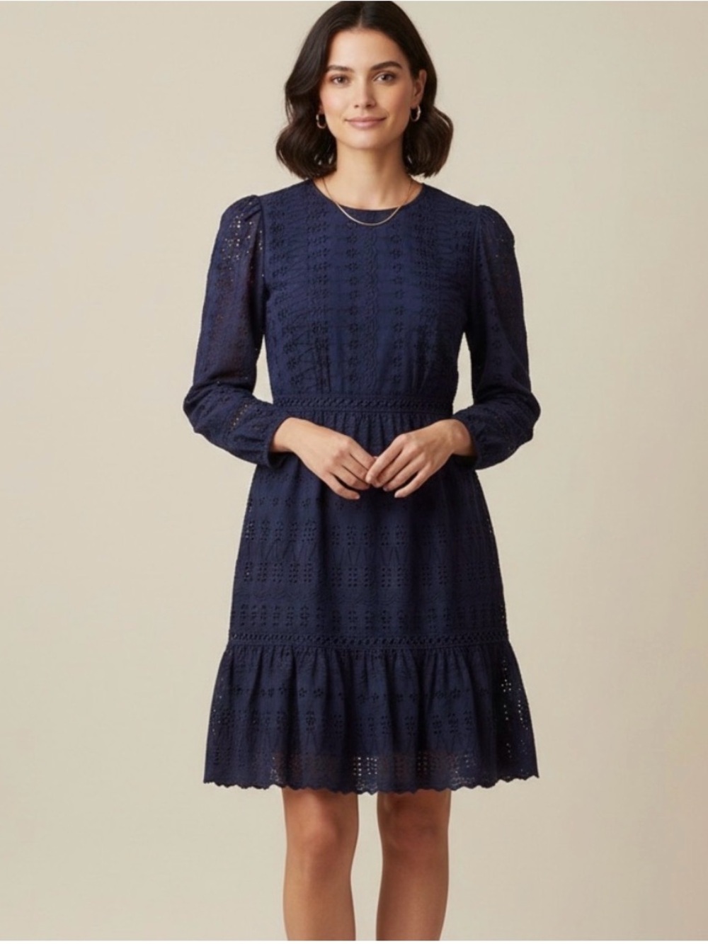 J. Crew Bracelet Sleeve Eyelet Dress Crewneck Cotton Slip 8 EUC navy blue